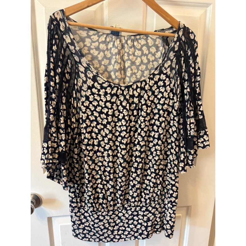 Anthropologie Postmark Navy Floral Mesh Lace Flutter Sleeve Blouson Top Medium